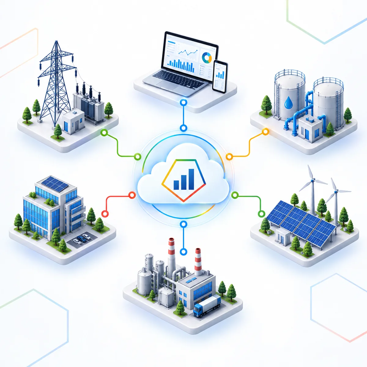Ecosistema Lumen Cloud: una subestación eléctrica, tableros en laptop y celular, tanques de agua, un edificio de oficinas, una planta industrial y un parque solar y eólico, todos conectados a la plataforma