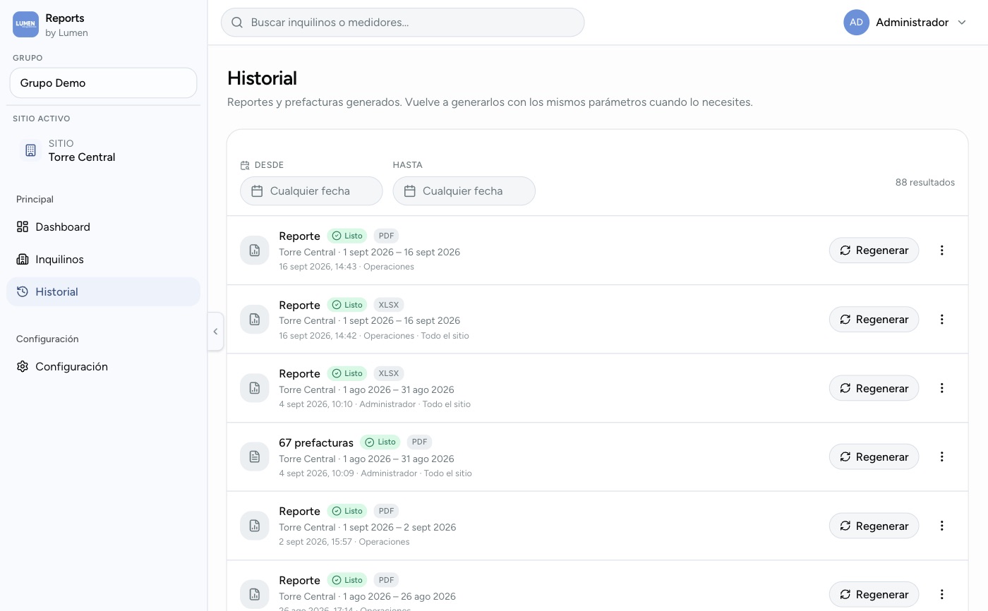 Historial de reportes y prefacturas generadas en Lumen Reports